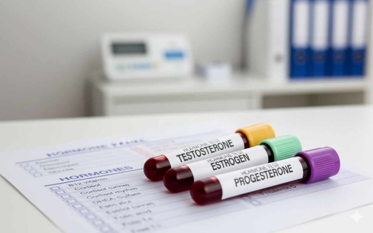 Professional Hormone Testing - Laboratory test tubes with hormone names